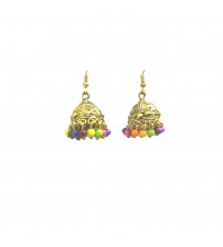 Golden Color Jhumka (Earrings) with Multicolor Beads, Round Bell Shape, Classical Design